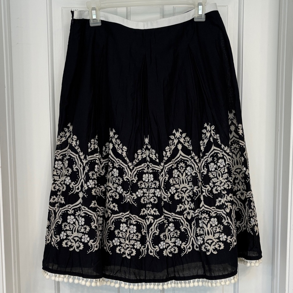 LOFT Black A-line Cotton Pleated Midi Skirt Beaded and PomPom Trim - Picture 4 of 11